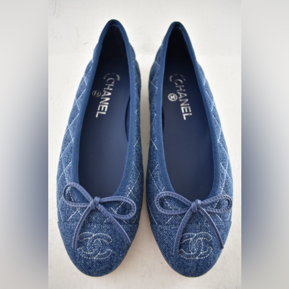 Chanel 26P Washed Denim Blue Quilted CC Logo Bow Tie Ballet Ballerina Flat 37.5 - Picture 7 of 16